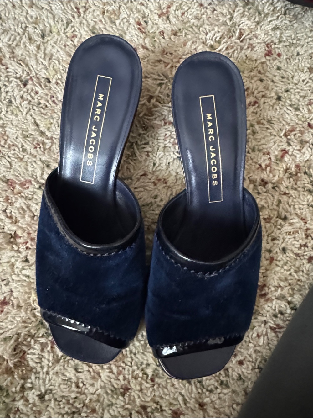 Marc Jacobs Navy Velvet Open-Toe Slide Mules with Patent Trim